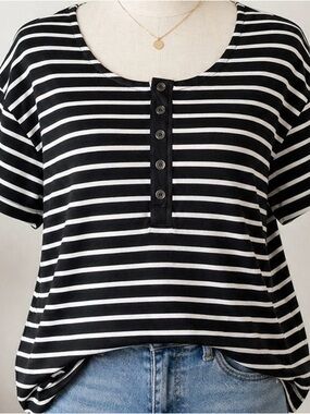 Ralph Lauren 2X Black White Stripe Henley Tee Plus Size